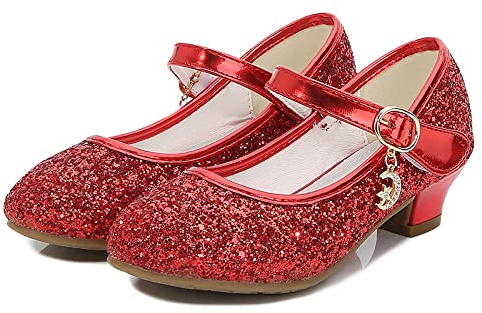 KUWIBY Girl Sandals Glitter Princess Shoes Sequin Party Shoes Bling Bowknot High Heels Wedding Birthday Dress Comfort Bright Diamond Cosplay Dance for Little Girls Christmas Red