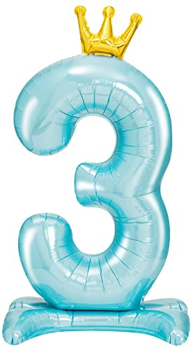 Folienballon Nummer 3 mit Krone, 105 cm, Blau, Kindergeburtstag, Dekoration, Luftballons, Kindergeburtstag, Junge, Zahlenballons mit Boden.