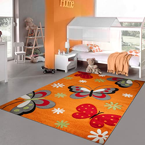 Teppich-Traum Bunter Schmetterlings-Teppich für Kinderzimmer ‒ Allergiker geeignet ‒ orange rot, 160 x 230 cm