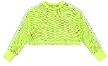 dPois Kids Girls Fishnet Sheer Long Sleeve Blouse See Through Mesh Crop Top Round Neck T-Shirt Fluorescent Green 11-12 Years