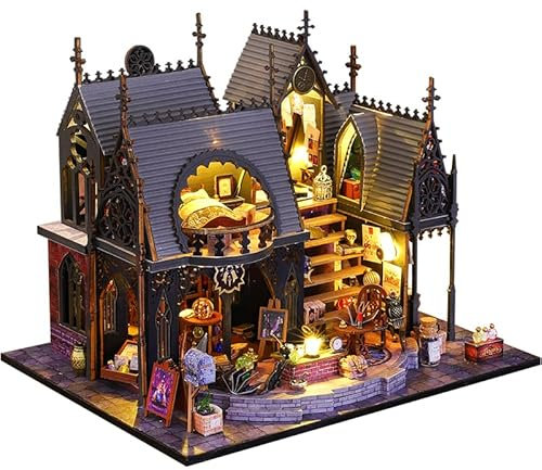 CRIOLPO Book Nook Kit-DIY Puppenhaus Holz Miniatur Haus Kit, Buch Ecke Miniatur Kit für Erwachsene Teens, 3D Holzpuzzle Bücherecke Bücherregaleinsatz Kits mit Sensor Led Licht -Lunas magisches Haus
