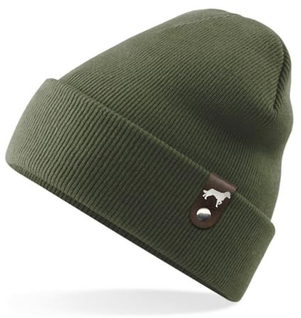 Münsterländer Mütze Patch Leder Gassi Beanie Strickmütze Warm Herren Damen Jagd Kleiner Farbe Olive