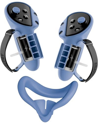 Controller-Griffabdeckung für Meta Quest 3S/3, mit verstellbarem Knöchelriemen und Batteriefachschutz, Silikon-Gesichtspolsterabdeckung und Joystick-Abdeckungen für Oculus Quest 3S/3 Zubehör Blue