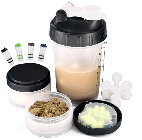 Hydro2Go 16oz Protein Shaker Bottle with Shaker Ball and 2 Storage Jars | BPA-Free Plastic Cup with Clear Measurement Scale | Perfect for Protein Mixes and Pills | Portable Pre-Workout Drink Cup（Black