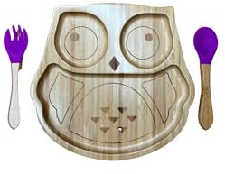 Baby & Toddler Bamboo Suction Plate Set for Feeding and Weaning - Purple Owl Design by Bamboo Gift Company