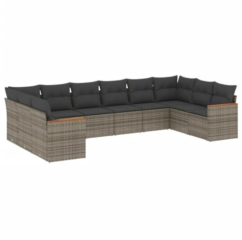 vidaXL Garten Sofagarnitur mit Kissen 10-TLG., Gartenmöbel Gartengarnitur, Sitzgruppe Sitzgarnitur, Lounge Sofa Garnitur Terrasse, Grau Poly Rattan