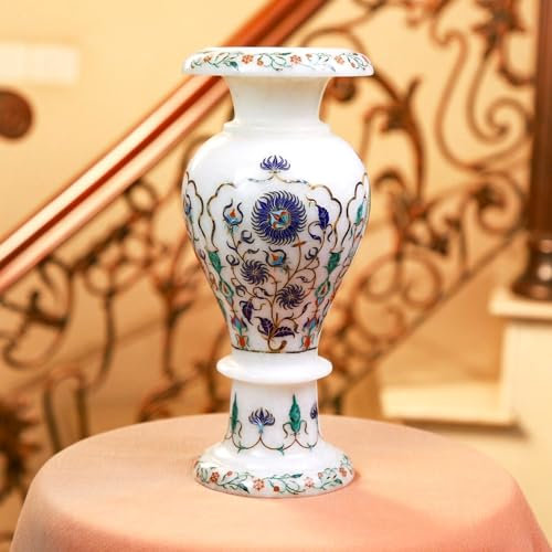 12 Inches Flower Pot Inlaid with Floral Pattern White Marble Garden Decor Plantter from Indian Heritage Art