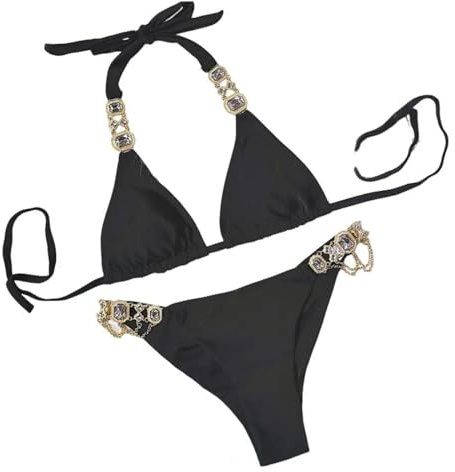 WOYUANSHA Bikini Badeanzug Damen Sexy Bikini Set Druck Halter BH Strass Steine Kette Slips Set Push Up Badeanzug S Schwarz