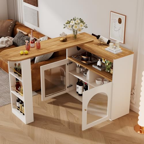 Aoskem Ausziehbarer Bartisch Esstisch Beistelltisch mit Stauraum 2 Türen & Regal, mit LED, Küchentisch Buffetschrank Sideboard Stehtisch Theke klein Hausbar, für Esszimmer, 138/193x39x105cm (Weiß)