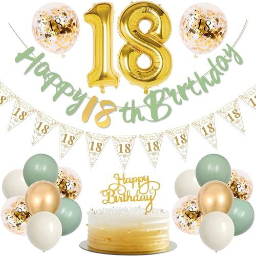 TOPWAYS Decoración 18 Cumpleaños Hombre Mujer, Globos Verdes y Oro, Pancarta, Guirnalda y Banderín para Fiesta de Niño, Chico y Niña