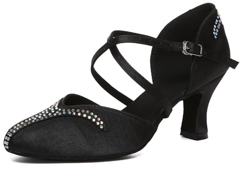 Chaussures de Danse Latine Salon en Satin pour Femmes avec Strass Bout Fermé Intérieur Talons de Danse Salsa Tango