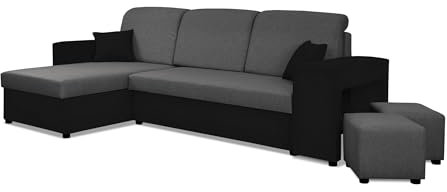 NAWSTOL Ecksofa Alex mit Schlaffunktion, Zwei Bettkästen, zusätzlichen Hockern und universeller Ausrichtung – praktische Lösung für Ihr Wohnzimme (Graues + schwarzes ÖkoLeder)