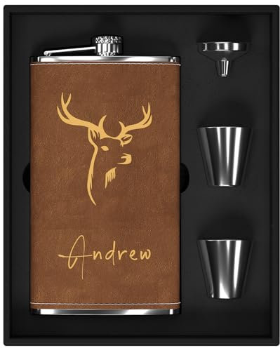 Flachmann Set mit Gravur der Hirsch, Flachmann Edelstahl Groß 12oz/355ml Personalisiert für Geburtstagsgeschenke, Personalisierte Geschenke für Männer Jäger Camper Wanderer (Braun)