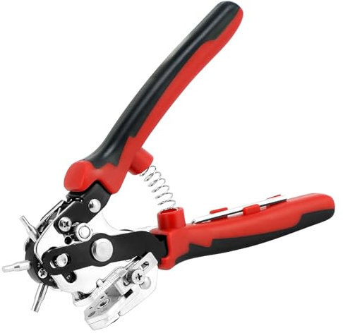 QWORK® Leder Lochzange, Verstellbar V-förmige Gürtelstanzzange mit 6 Größen Stanzköpfen, für Leder, Kunststoff