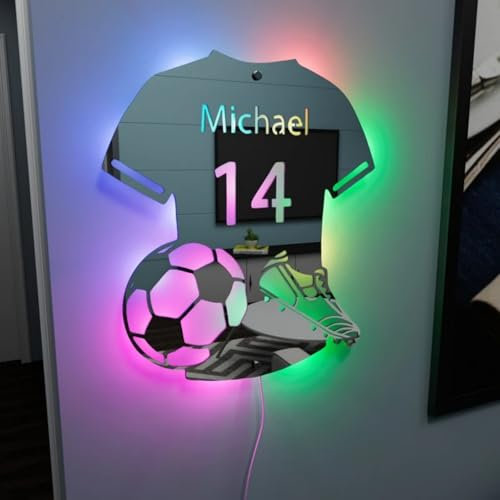 Personalized Soccer Jersey Mirror Light Custom Football Neon Name Sign Light Up Mirror Night Light for Wall Decoration Christmas Birthday Gifts for Kids Dad Football Lover (30x35cm)