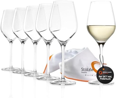 Stölzle Lausitz Weißweingläser Set Exquisit Royal 6er-Set 350 ml inkl. Poliertuch – Edle Weingläser ideal auch für leichte Rotweine & Rosé – Hochwertiger Weißweinkelch aus Kristallglas