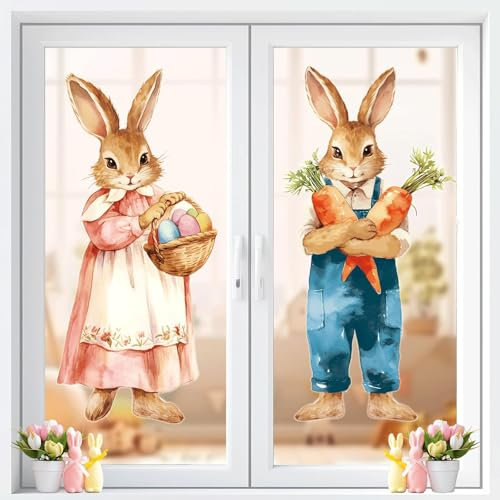 CHUNNIN 2 x extra große Osterhasen-Fensteraufkleber, Frühlings-Oster-Fensterdekorationen, Vintage-Oster-Fensteraufkleber, Bauernhaus, rustikale Kaninchen, Karotten, Dekoration für Glas, Zuhause,