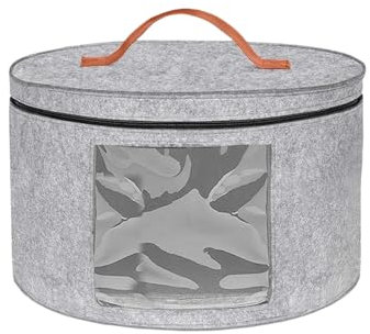 Caja Sombrerera Redonda 43x26cm Gris, Organizador de Sombreros Plegable con Tapa y Cremallera, Ventana Transparente y Asa de Piel, Almacenaje para Armario o Viaje, Caja de Fieltro para Gorras y Ropa