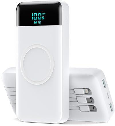 Ekrist Wireless Power Bank 26800mAh mit 3 Kabel, 7 in 1 25W PD3.0+QC4.0 Schnellladen USB C Powerbank, 6 Ausgängen Externe Handyakkus mit LCD Display Kompatibel mit iPhone 16/15/14 Huawei Samsung