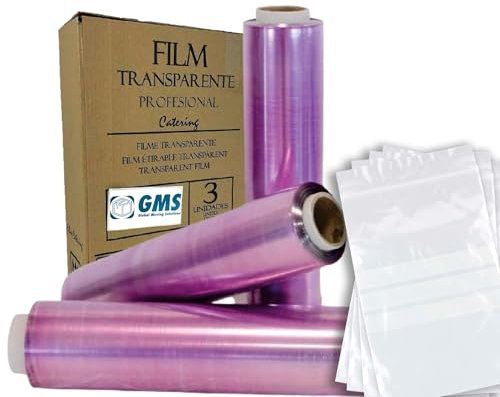 GMS 3 Rollos Film Alimentario 30cm x 300m (GARANTIZADOS) + 50 Bolsas con Cierre y Franja de Escritura - 18x25 cm, Calidad Profesional, Ideal para Cocina y Almacenaje de Alimentos (3 Rollo + 50 Bolsas)