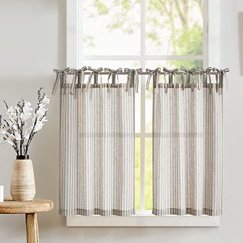 TOPICK Grey Striped Linen Blend Kitchen Curtains for Living Room Bathroom Cupboard Bedroom 24 Inch Drop Pinstripe Cafe Small Window Curtains Light Filtering Tie Top 2 Panels