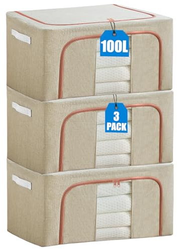 KXF Clothes Wardrobe Storage Organiser Boxes 3 Packs 100L Waterproof Stackable Foldable Oxford Cloth Steel Frame Closet Clothing Storage Bag Clear Window & Carry Handles for Clothes Bedding Blankets