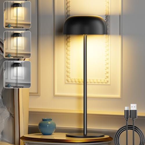 Lámpara de Mesa Inalámbrica, Lámpara de Noche Recargable Brillo Ajustable 3 Temperaturas de Color, Metal Lámpara de Escritorio IP54 Impermeable para Interiores y Exteriores negro