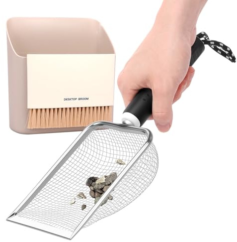 Deuson Katzenstreuschaufel Set,Katzenstreu Schaufel aus Edelstahl mit Kleinem Besen und Kehrschaufel,Schaufel Katzenklo,Katzenklo Schaufel für Alle Katzenstreu(schwarz,Webstil)
