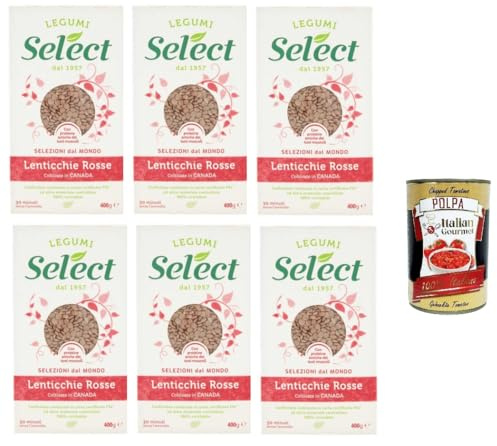 Italian Gourmet Lenticchie Rosse Rote Linsen Legumi 6 x 400g Kanada vegan | Coltivate con cura und in Papierpackung, ideale per zuppe, Eintöpfe e, Gesamtnettogewicht 2,4 kg + Kostenlos Polpa 400g
