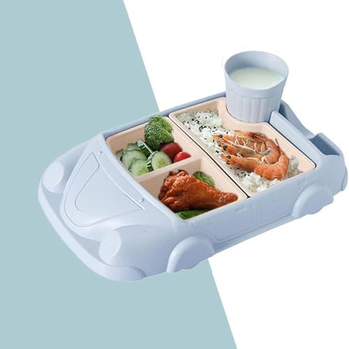 Children's Car-Shaped Cutlery Set, Toddler Divided Tray for Kitchen and Dining Table Car Dinner Tray Fiber Plas with Separate Plates Cup, Dishwasher Safe Toddler Tableware for Boys & Girls (Blue)