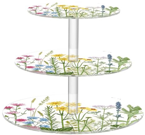 Qilmy Herbs and Flowers 3 Tier Acrylic Cupcake Stand for 34 Treats - Clear Dessert Display Tower with Non-slip Mat, Easy Assembly Pastry Holder for Halloween, Birthday, Wedding Party