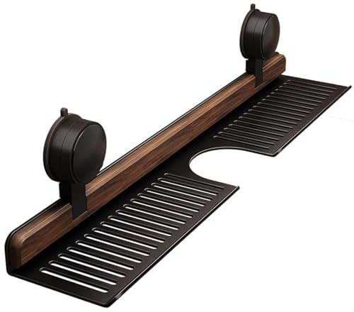Walnut Bathroom Suction Cup Shelf -Badezimmer Regal mit Saugnapf – Bohrfreier Wandhalter für Bad und Küche – Stabile Ablage aus Walnuss Holz-Stable Load-Bearing, for Bathroom and Kitchen (Schwarz)