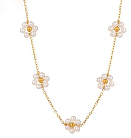 Rainway Gänseblümchen Perlenkette, 18K Vergoldet Kette Halskette Damen, Dainty Blume Beads Choker Schmuck, Hypoallergene Perlenkette für Frauen Mädchen, Modeschmuck Geburtstag Geschenk