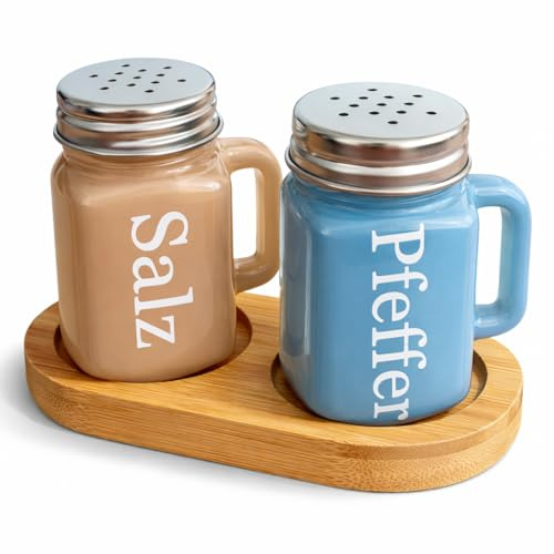 AG Set saliera e pepe con vassoio in bambù – Spargitore in vetro con coperchio in acciaio inox – Design retrò accessori da cucina e decorazione da tavolo – perfetto come idea regalo per cucina