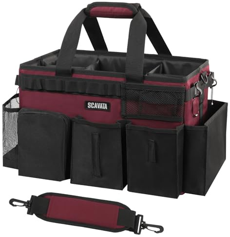 SCAVATA Wearable Cleaning Caddy Bag, Cleaning Caddy Supplies Organizer with Handle & Shoulder Straps for Housekeepers, Under Sink & Car Cleaning Tool Organizers with 4 Foldable Divider (Magenta)