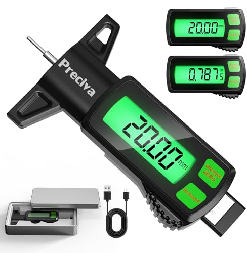 Preciva Rechargeable Tire Tread Depth Gauge, Touch Screen Digital Tire Depth Gauge with Lighting, in/MM/F Conversion, IP54 Waterproof, Auto Power Off, for Tread Depth, Brake Shoe and Pad Wear