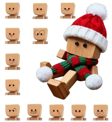 Charmante Holzfigur Mann, Schüttelnde Holzmann-Figur Mit Hut Und Schal, Wackelmann Wackelfüßen Mit 12 Magnetischen Ausdrücke Schwankt, Handgefertigte Wackelnde Füßen Holzpuppe Auto Ornamente