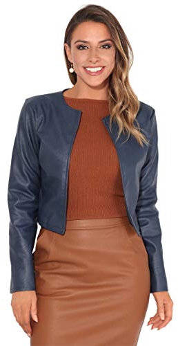 KRISP Faux Leather Jacket for Women Cropped Open Style All Occasion PU Blazer (UK, Alpha, S, Regular, Regular, Navy)