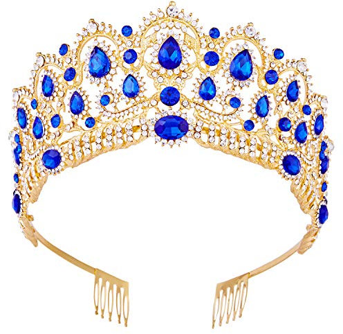 Vofler Tiara, goldene Krone Barock Vintage Stirnband Kristall Blau Strass Saphir Haarschmuck für Frauen Königin Damen Mädchen Braut Prinzessin Geburtstag Hochzeit Festzug Halloween Kostüm Party Kämmen