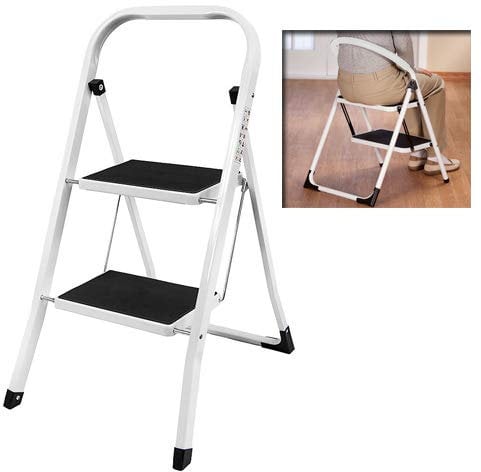 2 Step Steel Portable Folding Heavy Duty Ladder, Compact Folding Metal Stepladder Stool