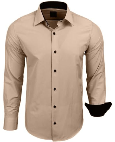 Subliminal Mode - Repassage Facile Chemise Homme Col Bicolore Uni Manches Longues Coupe Slim Business Idée Cadeau, Noël, Saint Valentin RN44,S,Beige