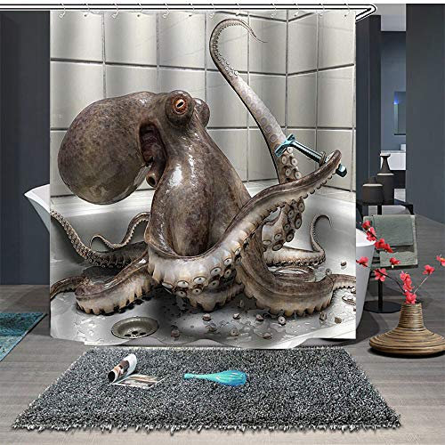 Chickw1 Duschvorhang Anti-Schimmel & Wasserdicht, 3D Meerestier Krake Drucken Waschbar Polyester Duschvorhang mit 12 Duschvorhangringe für Badezimmer (180x180cm,Badezimmer-Krake)
