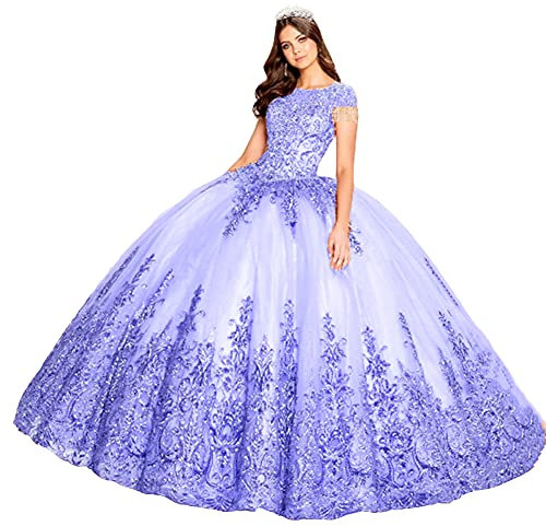 Snow Lotus Vestido de quinceañera de princesa bordado con cuentas con encaje cruzado floral apliques vestidos de bola Sweet 16 vestidos, Lila, 34