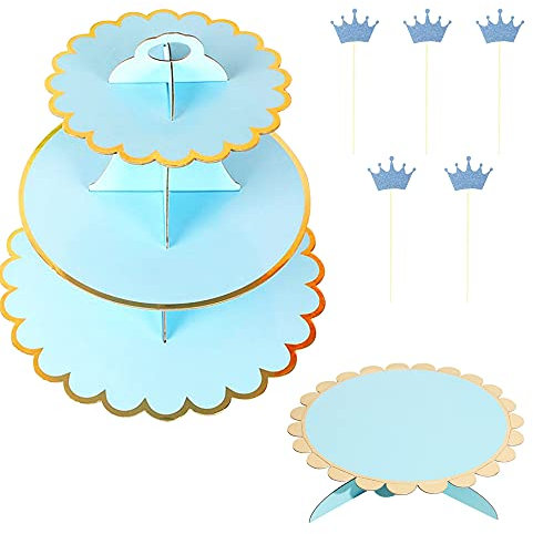 Allazone 1 Impostato Alzata per Dolci Cartone 3 Livelli, 1 Impostato Torre per Dessert 1 Piano Alzata per Torta per Festa di Compleanno, Matrimonio, Baby Show, Blu