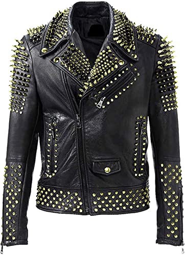 Fashion Hyped Brando Herren Motorradjacke Rock Punk Spike Golden Nieten Motorrad Schwarz/Rot Biker Echtleder Jacke, Goldene Nieten schwarze Jacke, L