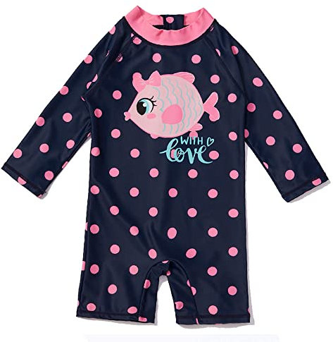 ALUCIC Mädchen Badeanzug Bademode Schwimmanzug Baby Kinder Einteiler UV-Schutz Badebekleidung mit Sonnenhut(Fisch, 116-122)