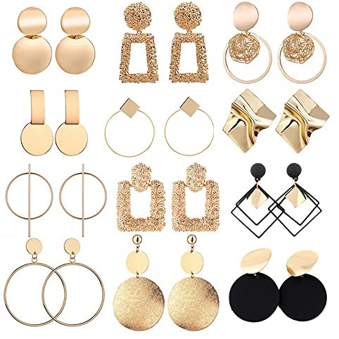 TOEECY 12 Paar Statement Ohrringe für Damen Mädchen Große Metallic Ohrringe Set Geometrische quadratische Creolen Drop Stud Ohrringe in Goldfarbe Hypoallergen Plättchen Hängeohrringe