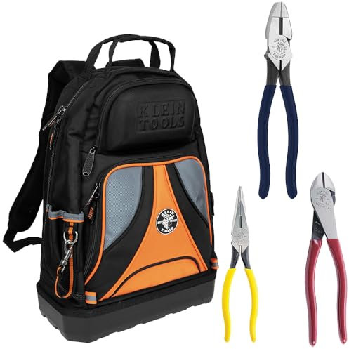 Klein Tools 80120 Backpack and Pliers Kit with Backpack, Long Nose Pliers, Diagonal Cut Pliers and Side Cut Pliers, 4-Piece