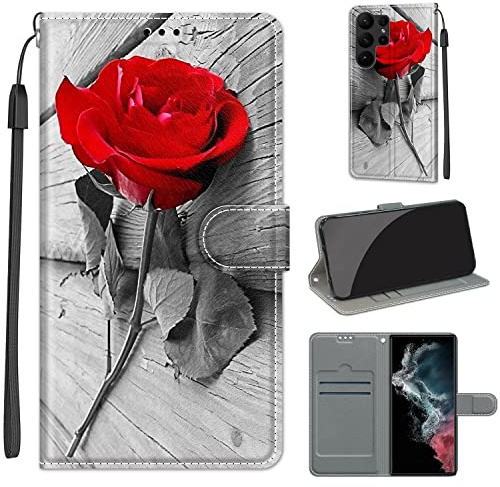 PU Leather Wallet Case for Samsung Galaxy S23 Ultra, Wood Rose | Pouch Design, Book Flip Folio, Magnet Closure, Kickstand, Card Slots, Wrist Strap Lanyard, Pattern Style