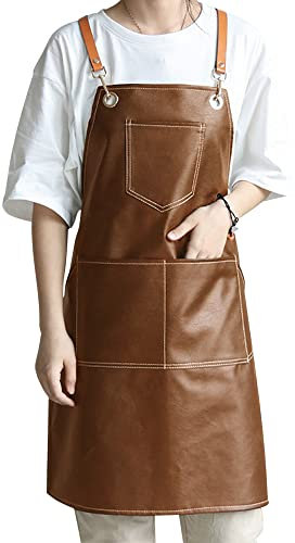 Small snail Retro PU Leder Schürze Unisex Verstellbare Töpferschürze mit 5 Taschen Wasserdicht Kreuz Zurück Malschürze für Männer Frauen Friseur Handwerk Backen Café Garten